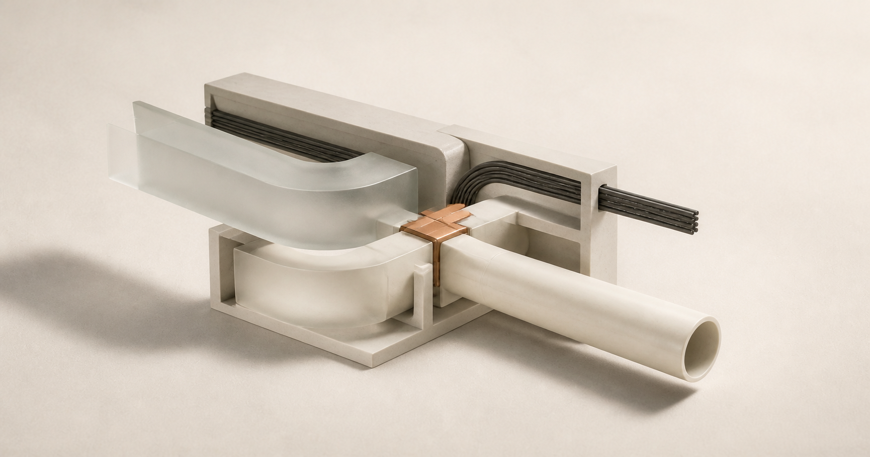 An abstract assembly of translucent channels, a dark cable, and an ivory pipe.
